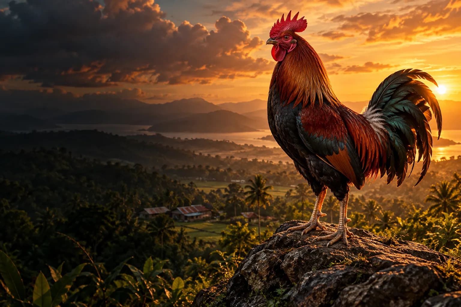 A copper-feathered rooster standing on a rock above the Philippine countryside at golden sunset.